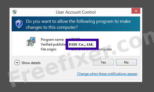 Screenshot where EGIS Co., Ltd. appears as the verified publisher in the UAC dialog